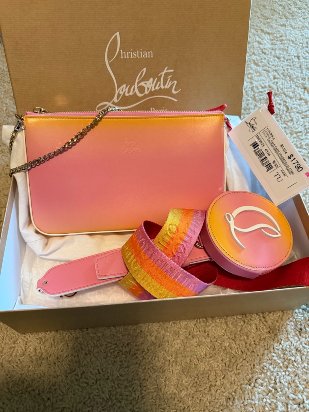 Christian Louboutin Pink to Orange Ombre Leather Crossbody with Coin Pouch